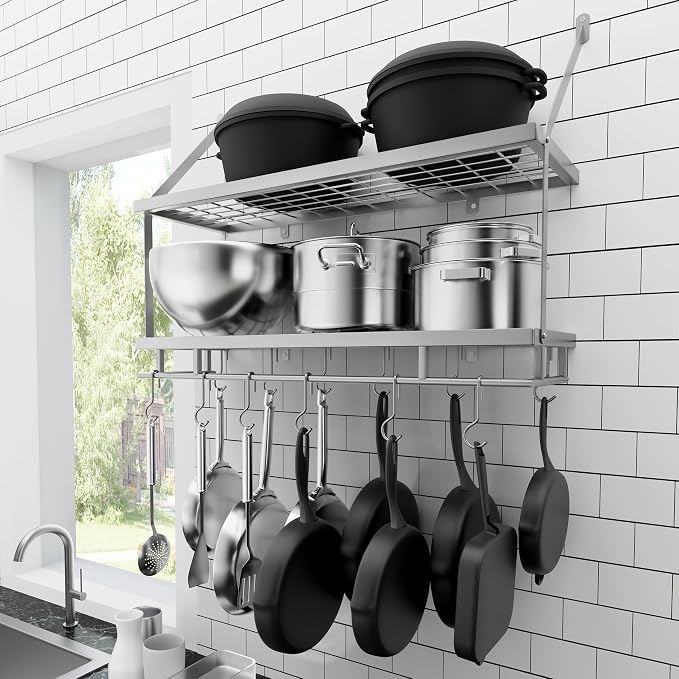 KES 30-Inch Silver Gray Pot Rack Wall Mounted, 100 Lbs Capacity | 2-Tier, Hanging Pot and Pan Organizer with 12 Sturdy Hooks, Kitchen Wall Hanger Shelves Modern, KUR215S75B-SG by KES