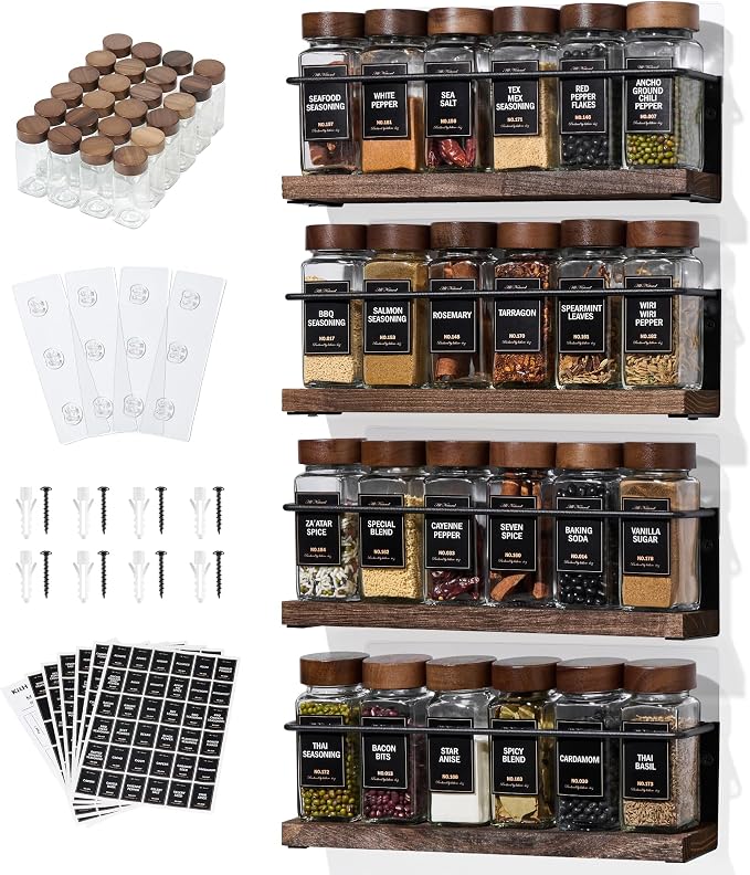4-Tier Wall Mount Spice Rack Organizer with 24 Glass Jars, 216 Labels & Funnel - Screw/Adhesive Mount, Black Metal & Wood Spice Storage for Kitchen Pantry Cabinet, 11.6”L x 2.4”W x 3.2”H by KitHero