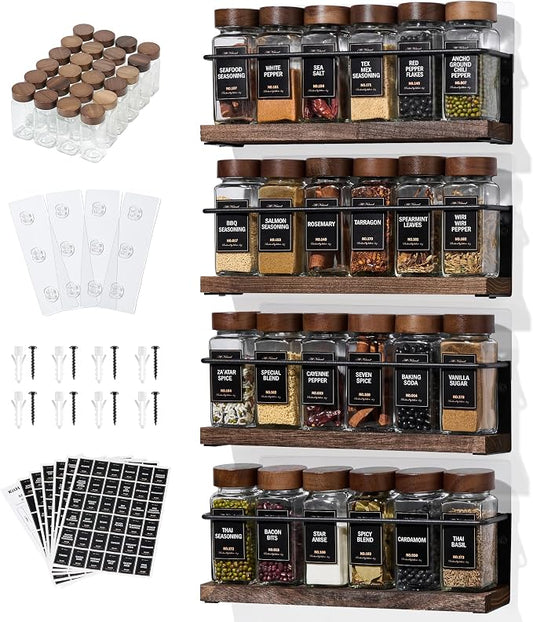 4-Tier Wall Mount Spice Rack Organizer with 24 Glass Jars, 216 Labels & Funnel - Screw/Adhesive Mount, Black Metal & Wood Spice Storage for Kitchen Pantry Cabinet, 11.6”L x 2.4”W x 3.2”H by KitHero