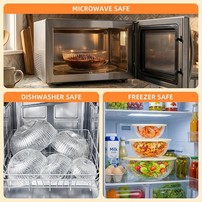 Glass Mixing Bowls with Lids Sets - 6 Packs Size: 5.9-3.7-2.1-1-0.5-0.2QT, Borosilicate Nesting Glass Bowls Containers for Baking,Salad,Meal Prep,Serving,Food Storage,BPA Free & Dishwasher Safe - Image 6