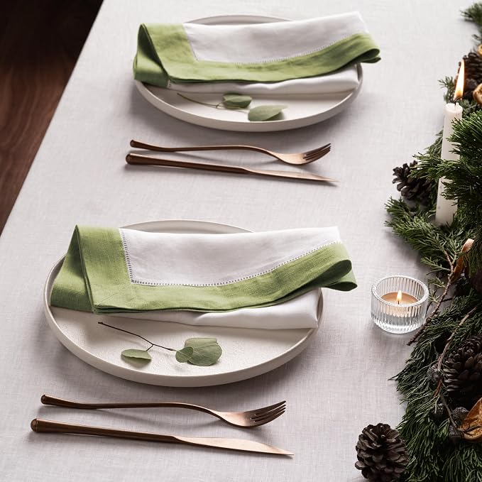 Linen Napkins 20 x 20 inch - 100% Pure Linen White and Olive Green Dinner Napkins Set of 4 - Hemstitch Napkins Cloth Washable for Fall and Thanksgiving Decor - Image 3