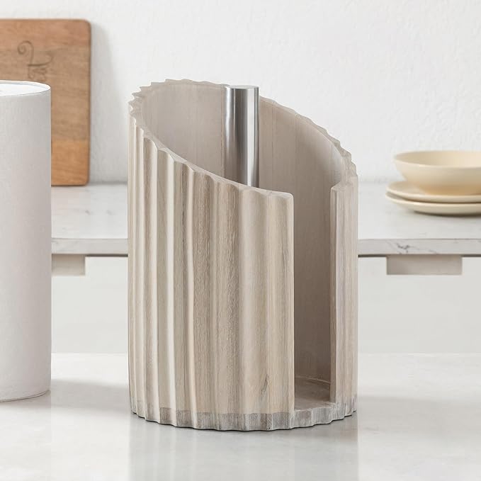 Anji Mountain Wooden Paper Towel Holder with Metal Holder, Holder Stand for Kitchen Roll Organizer & Kitchen Dining Table Home Décor, Countertop Fits Jumbo & Mega Rolls - Whitewash/Nickel, Fluted by AnjiMountain