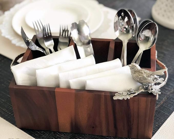Caddy Rectangle Acacia Wood Flatware/Serve ware/Utensil/Carry-All Holder Solid Pewter Song Bird Accent and Real Leather Handles, 3 Small and 1 Larger Compartment 13.5 inch Long - Image 6