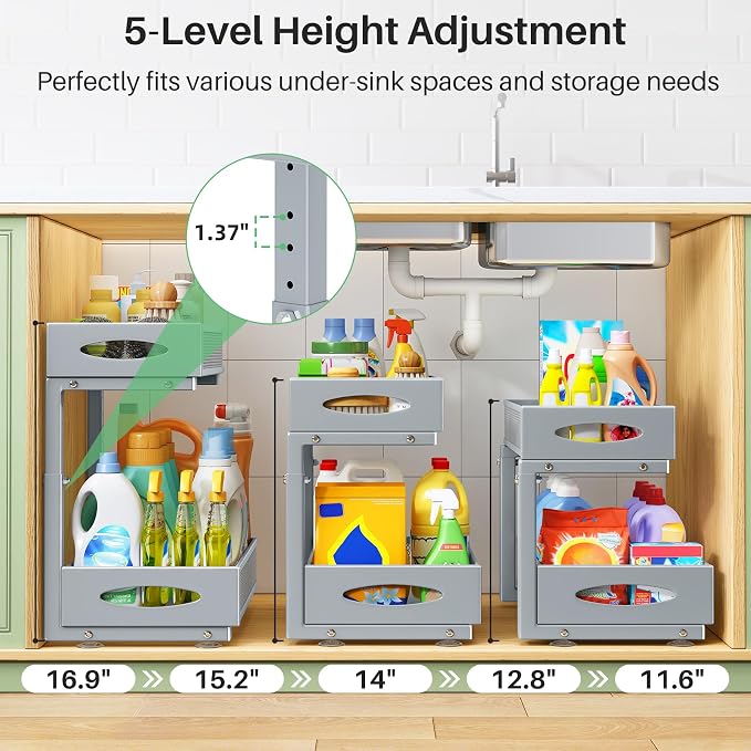 1 Pack Under Sink Organizer, 2 Tier Pull out Cabinet Organizer Mesh Baskets with 5 Adjustable Heights, Sliding Drawers Storage Shelf for Home, Kitchen, Bathroom, Pantry, Office, Countertop ,Grey - Image 4