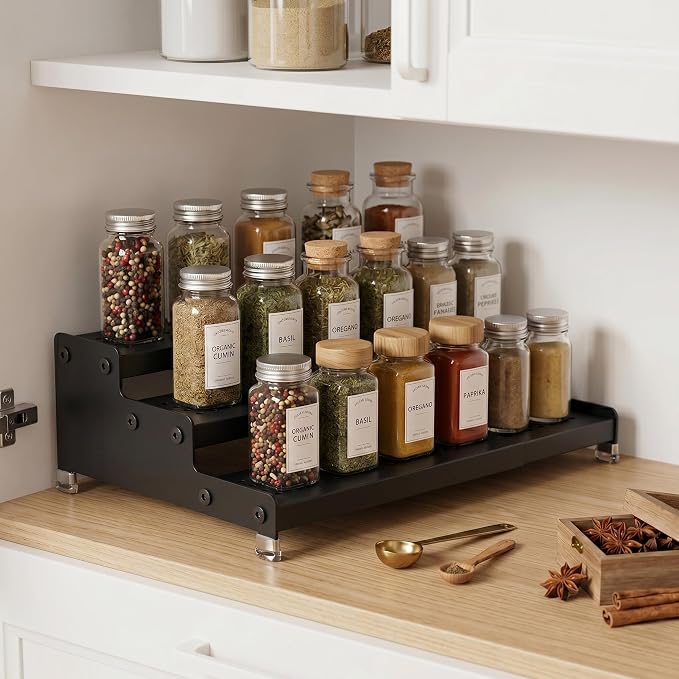 Expandable 3-Tier Spice Metal Shelf Rack, Black, 2 Packs | Kitchen Cabinet and Pantry Organizer, Seasoning Storage, Countertop Organization - Image 4
