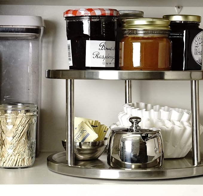 RSVP International Two-Tier Turntable Lazy Susan | Handy in Cabinet, Refrigerators & Counters | Organize Spices, Canned Foods, Pots, Pans, Dinnerware, 10.5" x 6", Stainless Steel - Image 7