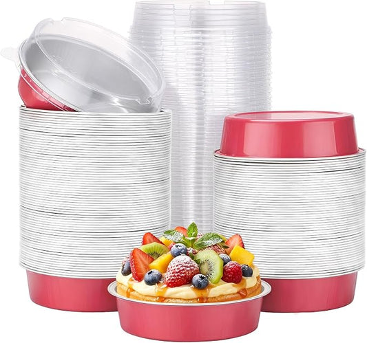 Beasea 120 Pack Disposable Ramekins with Lids, 7.3oz Grapefruit Pink Aluminum Foil Mini Pie Tins Pans Small Baking Cups, Round 4 inch Individual Cake Pans Tin for Creme Brulee Cheesecake Tart Pie by Beasea