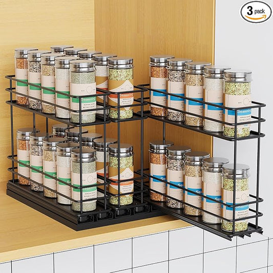 Mystozer Pull Out Spice Rack Organizer for Cabinet, Slide Out Spice Racks, Easy to Install Spice Cabinet Organizers, 7.4" Wx10.43 Dx8.26 H, 3 Drawers 2 Tiers(Black) by Mystozer