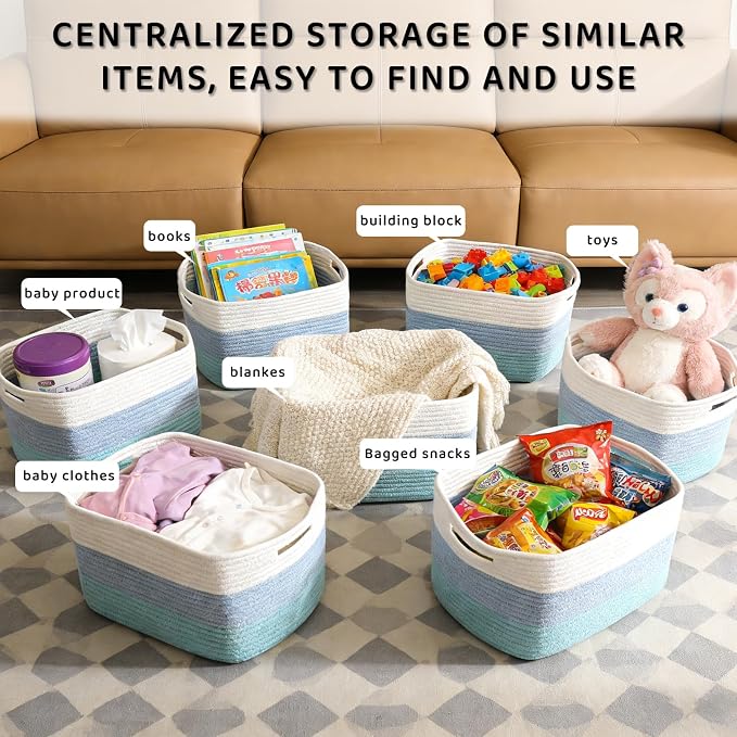 4 Pack Storage Baskets for Organizing, 11''Lx9''Wx8''H Woven Baskets for Storage Toys, Towels, Books, and Clothes, Cotton Rope Basket for Shelves with Handle - Image 6
