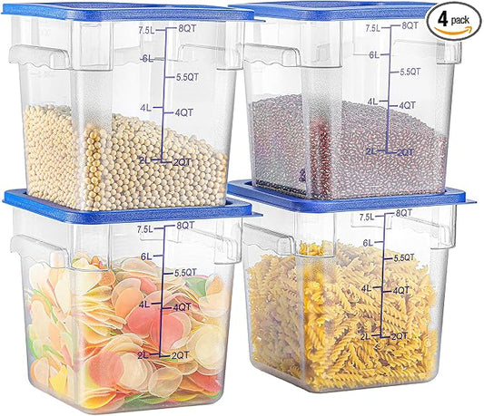 8 QT Set of 4 Food Storage Containers with Blue Lids Handle and Scarle Stackable Clear Square Commercial Container Set For Dough Proofing Home Restaurant Kitchen Supply BPA-Free Polycarbonate by EGGKITPO