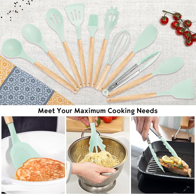19PCS Green Kitchen Cooking Utensils Set Kitchen Tools Set | 6 Stainless Steel Knives, 11 Silicone Utensils with 1 Cutting Board, Ideal for Apartment - Image 3