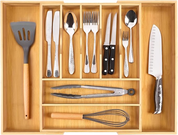 Large Premium Bamboo Silverware Organizer - Expandable Utensil Drawer Organizer - 17"x19.6" Utensil Holder and Cutlery Tray with Grooved for Kitchen Flatware and Utensils Mother's Day Gift - Image 8