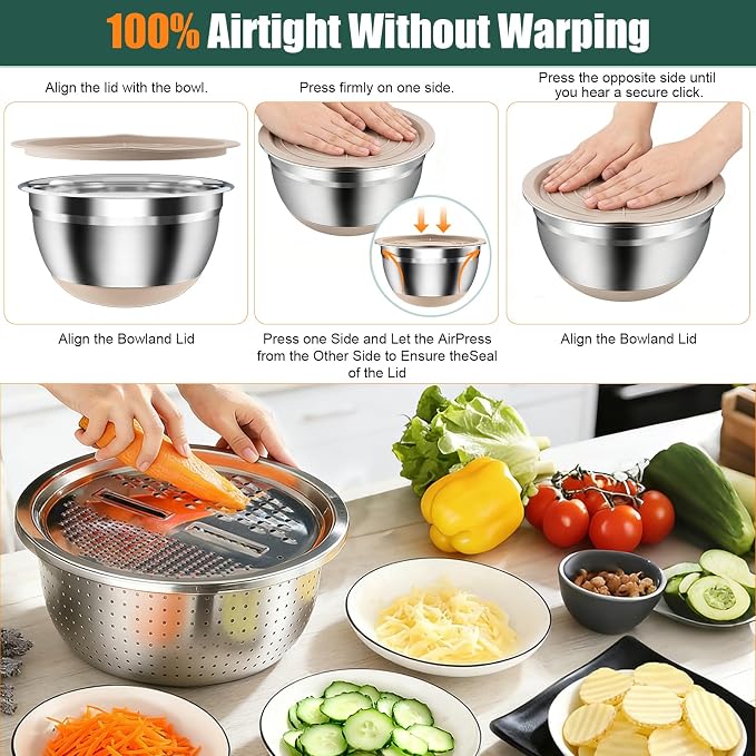 Stainless Steel Mixing Bowls Set with Lids & Silicone Base - 7-Piece Kitchen Gadgets Includes Colander, Grater, Egg Separator, Whisk - Nesting Bowls (1.5, 2, 2.5, 4.5 QT), Dishwasher Safe, Khaki - Image 5