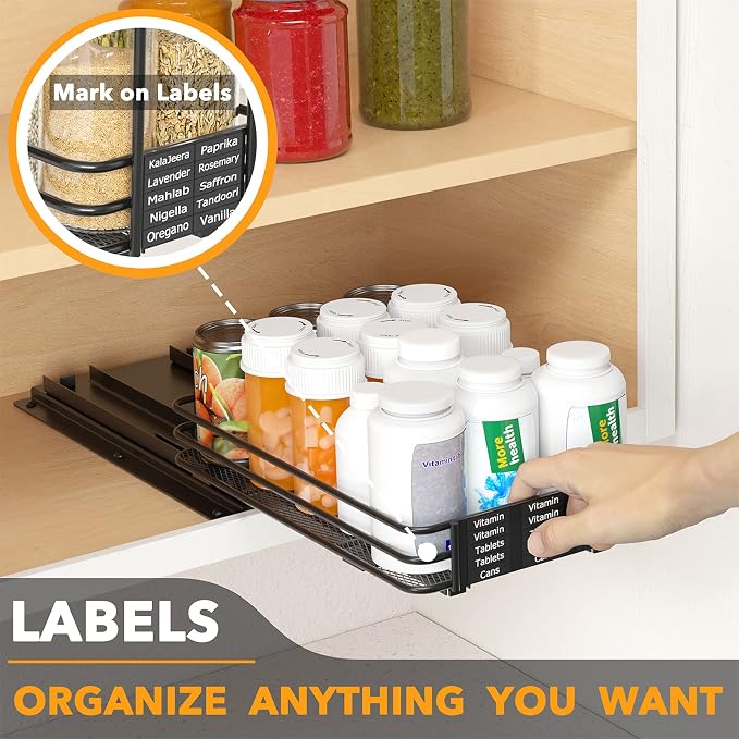 SpaceAid Pull Out Spice Rack Organizer for Cabinet, Heavy Duty Slide Out Seasoning Kitchen Organizer, Cabinet Organizer, with Labels and Chalk Marker, 6.5" W x10.75 D x2.5 H, 1 Drawer 1-Tier - Image 5