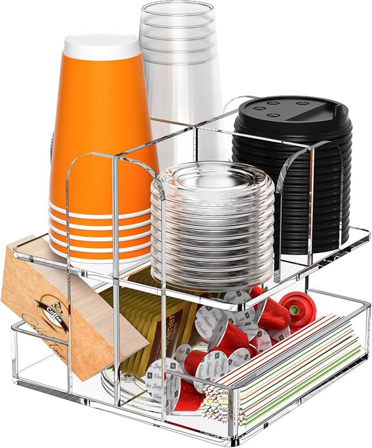 Beego Rotatable 6 Compartment Clear Acrylic Cup Dispenser - Coffee Station Cup and Lid Carousel Countertop Plastic Cup Holder for Restaurant Breakroom Coffee Bar by beegoofficial