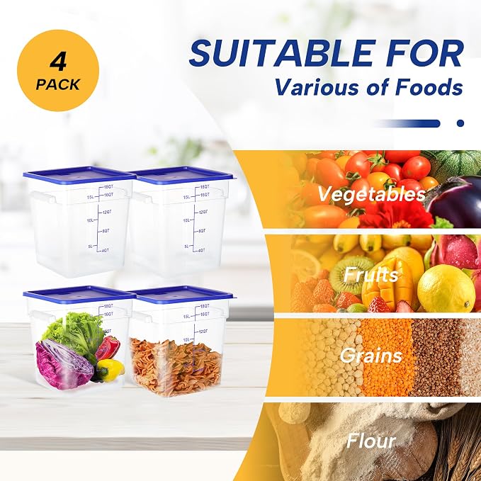 4 Pack 18QT Square Food Storage Containers with Lids | Clear NSF polycarbonate containers with scale, label and measuring cup, stackable for prep, storage, freezer. Dishwasher safe - Image 6