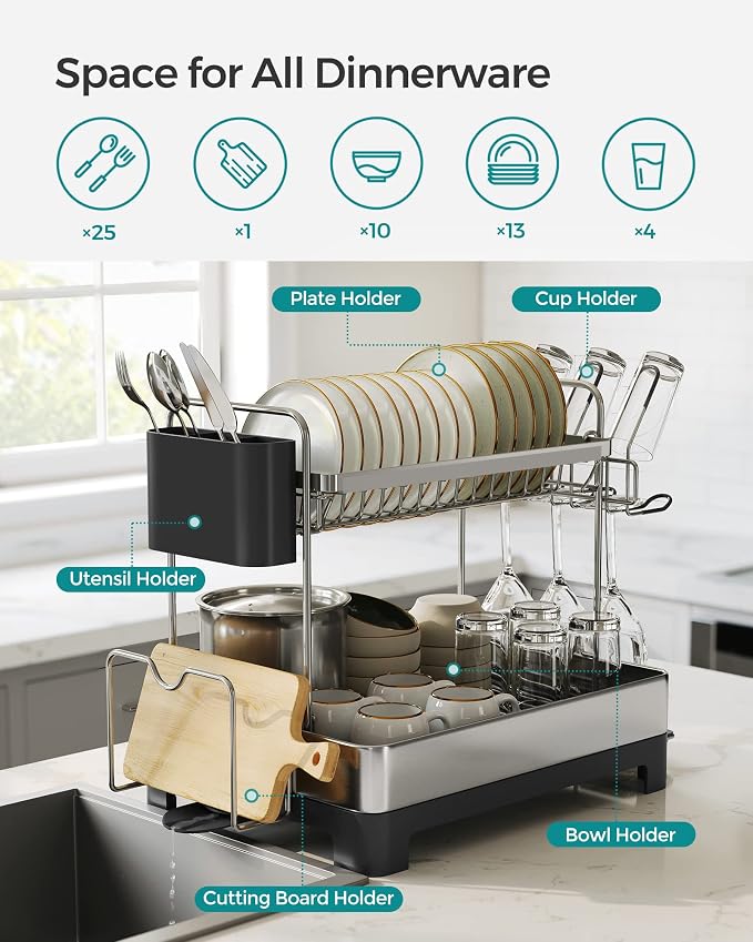 SONGMICS Dish Drying Rack - 2 Tier Dish Rack for Kitchen Counter with Rotatable and Extendable Drain Spout, Dish Drainer with Utensil, Cup, Glass, Cutting Board Holders, Black UKCS032B01 - Image 3
