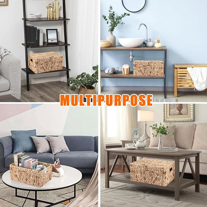 Hipiwe Wicker Storage Basket Bin with Lid, Large Water Hyacinth Baskets Box | Rectangular Decorative Shelf Baskets Bin with Handles Handwoven Household Basket Boxes for Shelf Home Organizing - Image 6