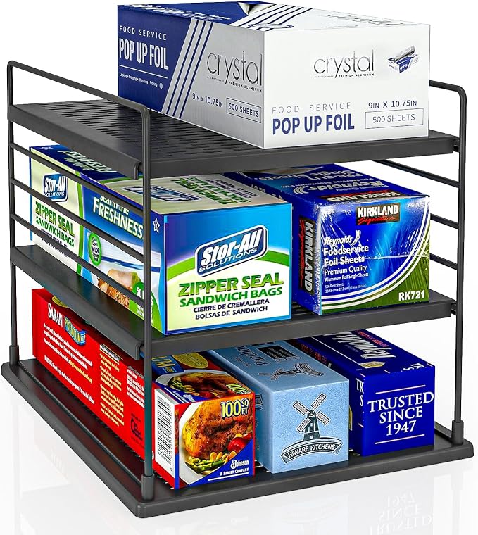 Pantry Organizer- Divided Compartment Holder for Aluminum Foil, Wraps & Baggie Boxes, Upgraded Shelf Storage by WANCHIY
