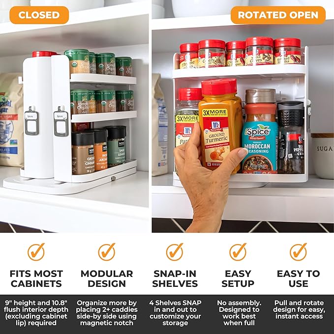 Spice Rack Organizer for Cabinet - Slide & Rotate Seasoning Organizer - 4 Snap-In Adjustable Shelves for 5 Tier of Storage - Magnetic Modular Design - 8.9”H x 6.1”W x 10.8”D - Image 3