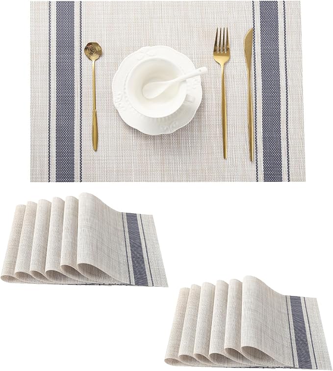 Leetaltree Khaki-Blue Placemats, Heat Resistant Non-Slip Place mats for Dining Table, Washable Durable PVC Vinyl Woven Table Mats (Set of 12) by Leetaltree-ArtatEveryTable