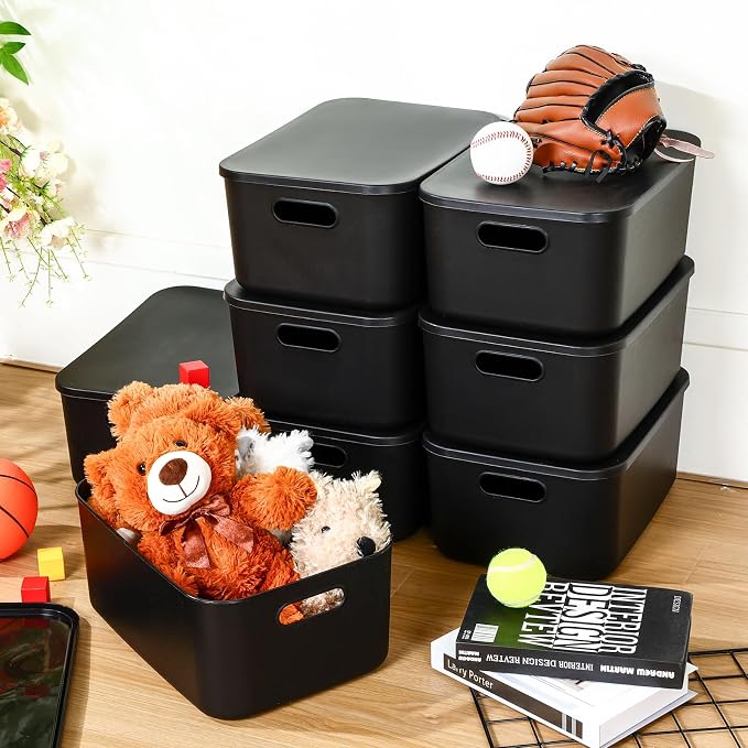 8 Pieces Colorful Storage Bins with Lid, Plastic Storage Basket Organizing Container Stackable Box with Handle for Shelves Desktop Playroom Office(13.8 x 9.8 x 5.9 Inch,Black) - Image 4