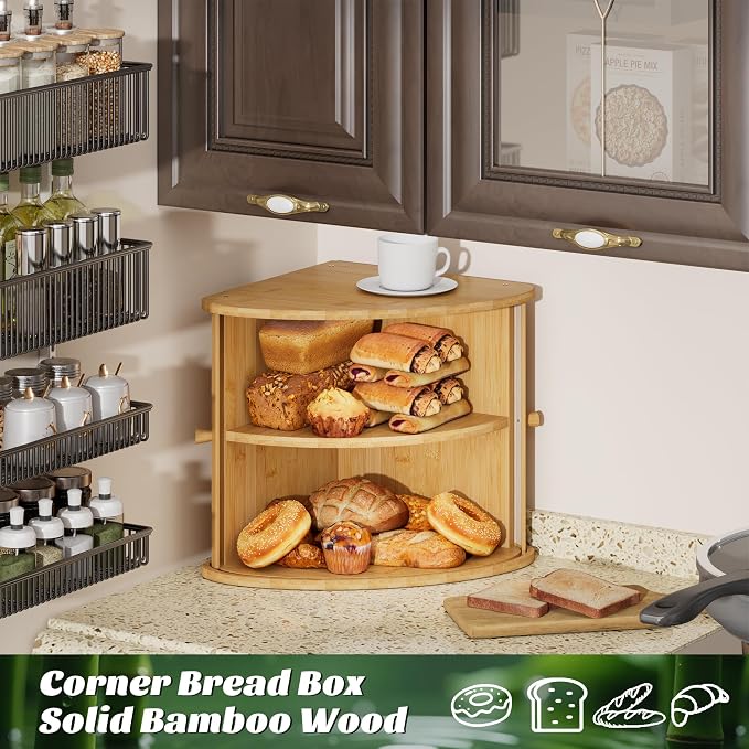 Corner Bread Box for Kitchen Countertop, Solid Bamboo Wood Bread Box, Two Layer Wooden Bread Storage Capacity - Image 5