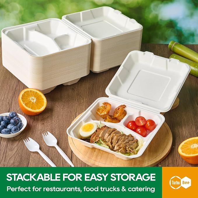Turbo Bee 100 Pack 8x8inch White 3 Compartment Take Out Containers with Lids, Disposable Clamshell Meal Prep Containers, Divided Lunch Boxes for Catering, Restaurant & Meal Prep - Image 5