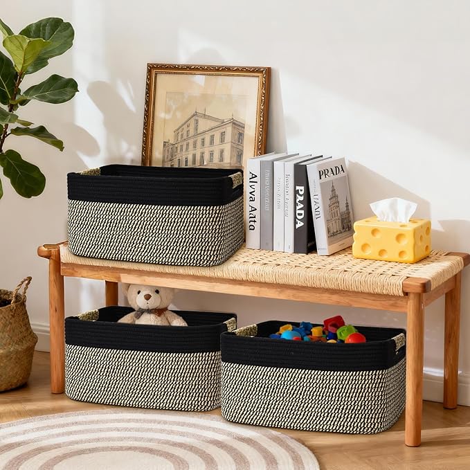 2 Pack Large Storage Basket for Organizing, 17.5"x13"x7" Woven Basket for Shelves, Closet Cube Storage Bins with Wrapped Handle, Cotton Rope Baskets for Kitchen, Clothes, Toys(Black & Brown) - Image 4