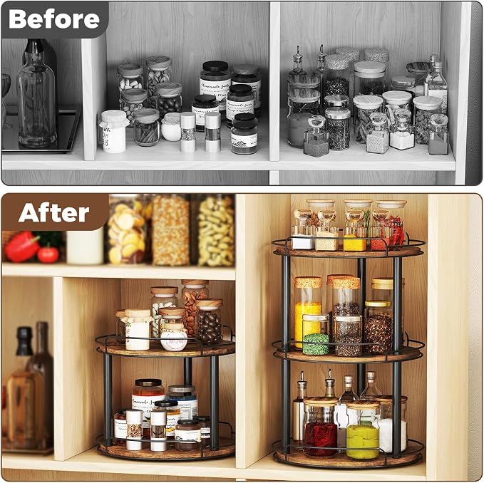 LAMU 12'' Wood Lazy Susan Turntable Organizer for Cabinet, 3 Tier Lazy Susan Spice Rack Organizer for Kitchen, Wood Turntable for Table Top, Countertop, Pantry, Bathroom - Image 4