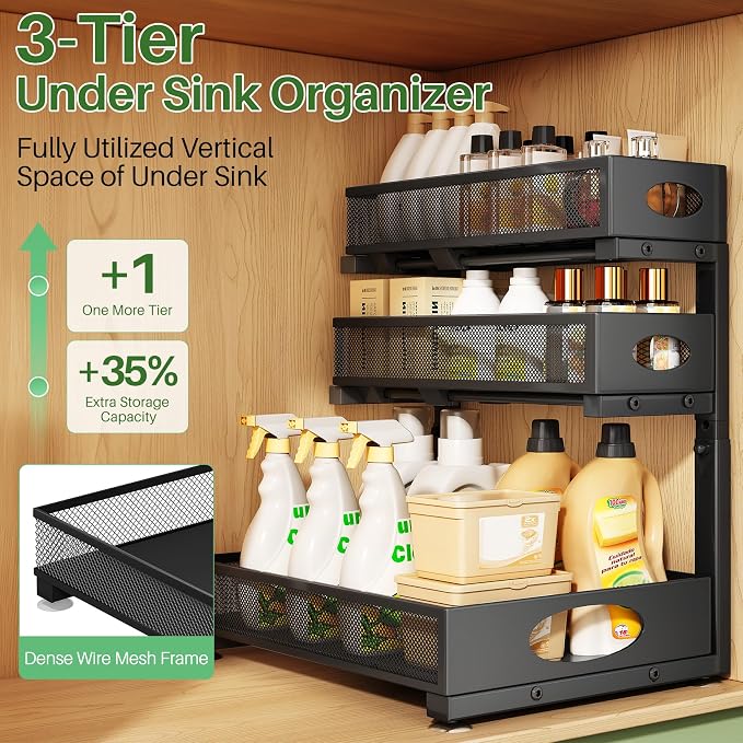 Kitstorack Under Sink Organizer 3-Tier Slide Out Drawer 2-Pack Black | Height Adjustable, Metal Mesh Storage Rack, Pull out Cabinet Organizer Shelf for Bathroom Kitchen Pantry Home Organization - Image 3