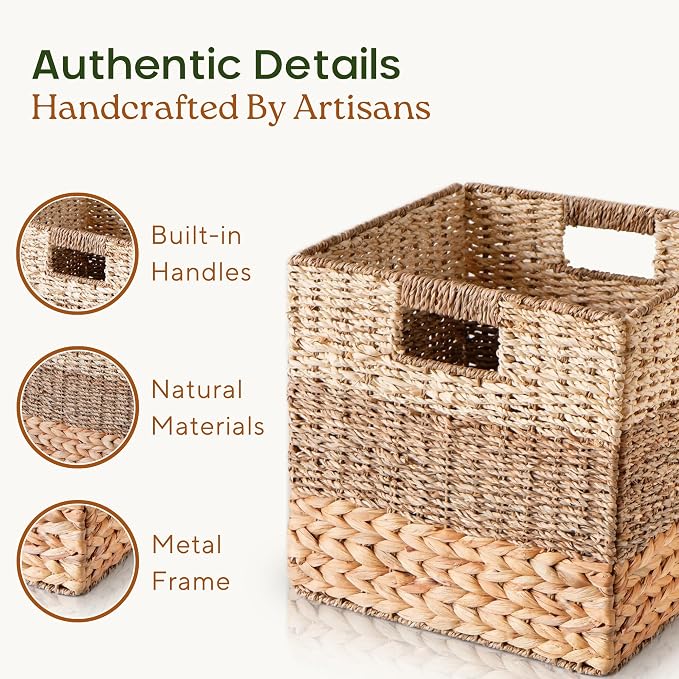 13x13 Wicker Storage Cubes, 13x13x13 Storage Cube Bins Set 4 | 13 Inch Cube Storage Bins Baskets For Shelves, Large Woven Cube Storage Bin With Handle, Foldable Square Baskets For Storage - Image 4