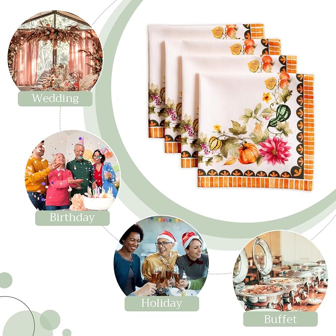 Maison d' Hermine Cloth Napkins Set of 4 Reusable 100% Cotton (20" x 20") | Everyday Square Napkins Cloth Washable Dinner Wedding Kitchen Thanksgiving Christmas - Pumpkin Garden - Cloudy Cream - Image 6