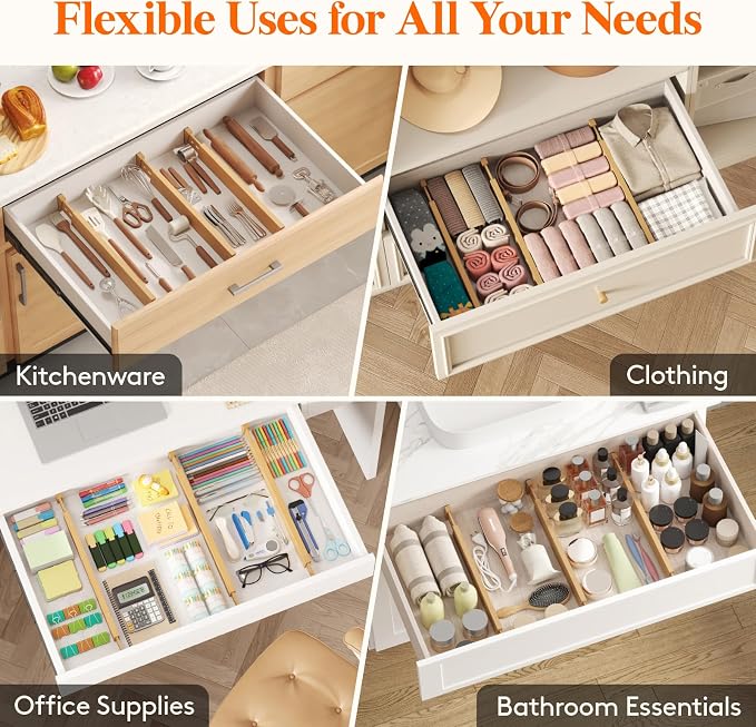 Lifewit 2.4" High 8 Pack Bamboo Drawer Dividers 45-55cm/17.5-22" Adjustable Wooden Drawer Organizer for Clothes/Utensils, Expandable Drawer Separator for Dresser/Kitchen/Bedroom/Office Organization - Image 7