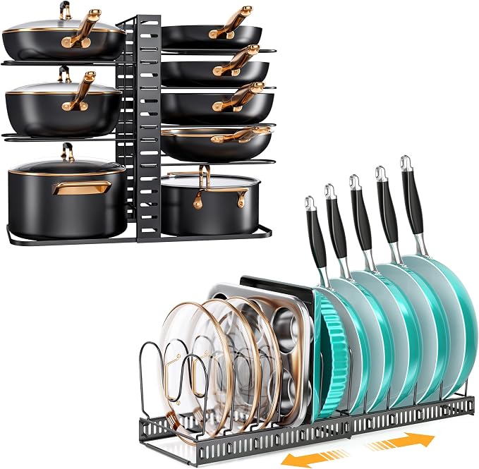 MUDEELA 8-Tier Adjustable Pot Organizer Racks with 3 DIY Methods and 12 Expandable Pans and Pots Organizer Rack Bundle by MUDEELA