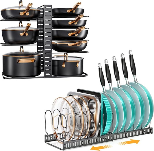 MUDEELA 8-Tier Adjustable Pot Organizer Racks with 3 DIY Methods and 12 Expandable Pans and Pots Organizer Rack Bundle by MUDEELA
