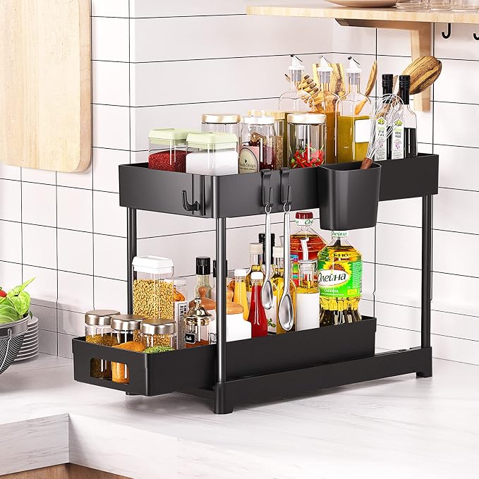 2 Pack Under Sink Organizer with Sliding Storage Drawer, 2 Tier Under Sink Organizers and Storage with 8 Hooks and 2 Hanging Cups, Multi-purpose Under Sink Storage for Kitchen Bathroom Cabinet, Black - Image 4