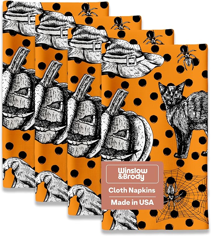 Halloween Cloth Napkins | Black Cat Spiders Spiderweb Pumpkin Table Decor | Home Dining Room and Kitchen | Absorbent, Washable, Reusable, Stain & Wrinkle Resistant | USA Made - 6pack by WinslowBrody