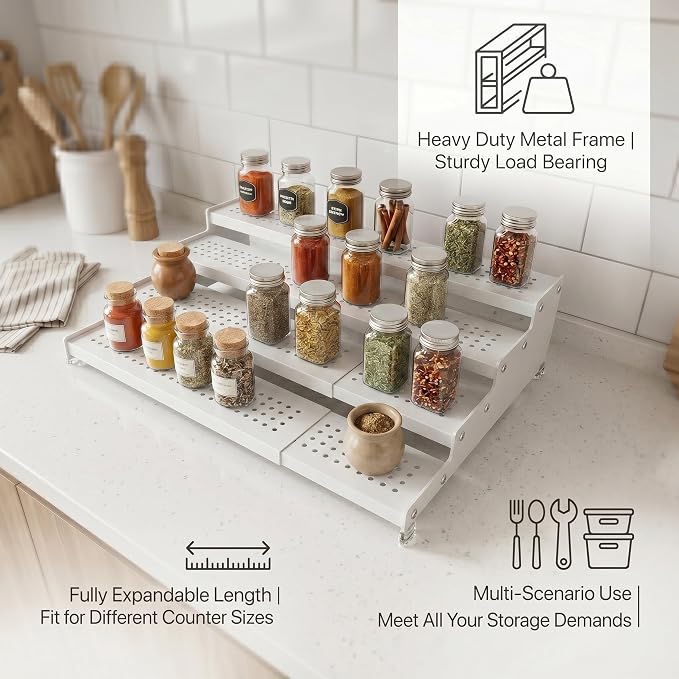 Expandable 4-Tier Spice Metal Shelf Rack, White | Kitchen Cabinet and Pantry Organizer, Countertop Storage, Seasoning Organizer, 1 Pack - Image 6