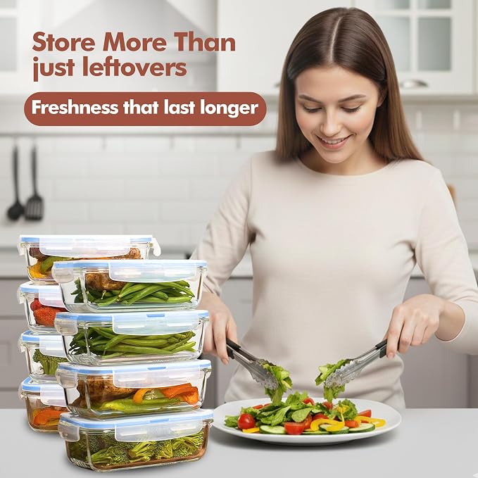 Razab 16 Pc (Set of 8) 30 Oz Glass Meal Prep Containers with Lids, Airtight Large Glass Food Storage Containers, Reusable Leak Proof BPA Free, Freezer to Oven and Dishwasher Safe - Image 2