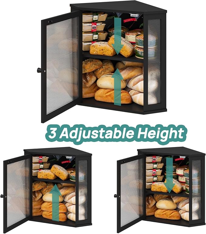 viewcare Corner Bread Box for Kitchen Counter, Bamboo Wood Large Capacity Bread Storage Bin with Acrylic Wavy Door Panel (Black, Extra Large) - Image 5