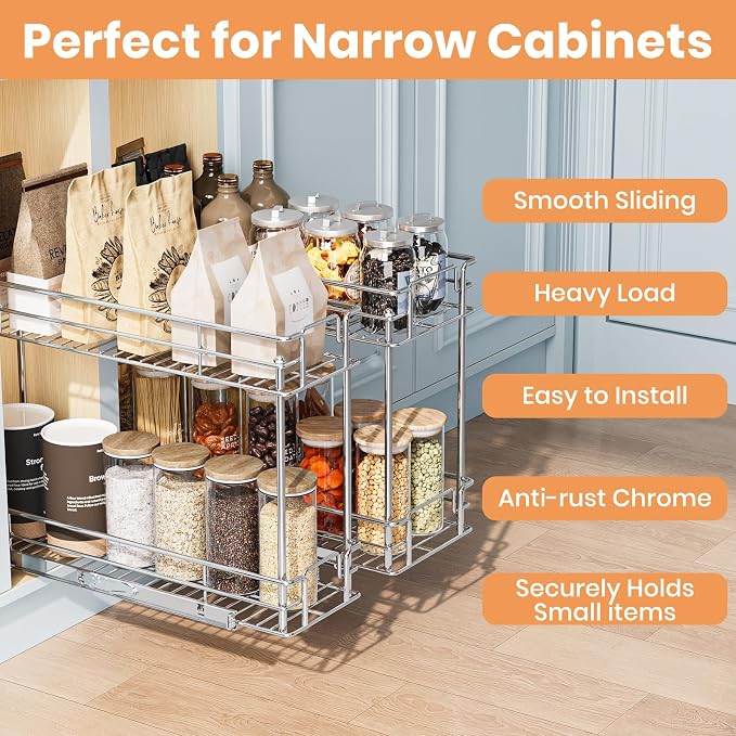 Pull Out Spice Rack Cabinet Organizer, 3 Tier Heavy Duty Slide Out Wood Shelf for Narrow Cabinet, Pull Out Storage for Kitchen (8½" W x 21½" D, 2 Tier) - Image 2