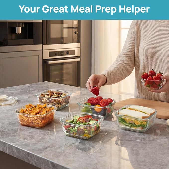 Vtopmart 5Pack 17.5oz Glass Storage Containers with Lids, Green | Glass Meal Prep Food Container Sets, Snap Airtight Lid, For Microwave, Oven, Freezer and Dishwasher, BPA Free - Image 3