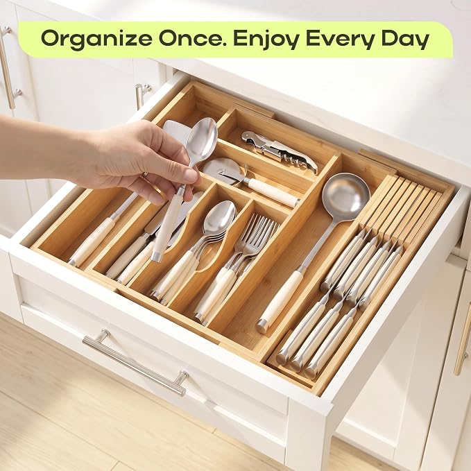 Drawer Organizer for Kitchen Organization – Expandable Bamboo Silverware Drawer Organizer with Removable Knife Block, Bamboo Cutlery, Non-Slip Utensil Organizer with 7-Slot Knife Storage for Flatware - Image 8