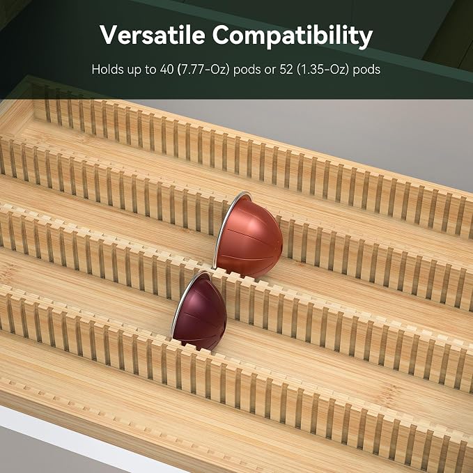 for Nespresso Vertuo Capsules Bamboo Coffee Pod Drawer Organizer | 15"Dx10"Wx1.5"H 40 Big or 52 Small Pods Holder for Counter - Image 5