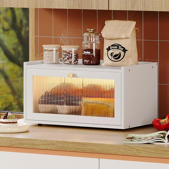 Trironsun Bamboo Bread Box with Led Light for Kitchen Counter Large Capacity Bread Storage Container Kitchen Countertop Organizer with Window Bread Holder (Whiite) - Image 4