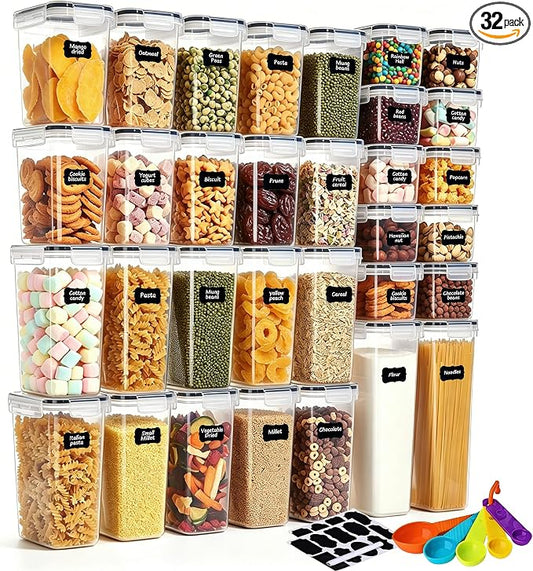 32pcs Airtight Containers, Clear Stackable Dry Food Storage | 32pk clear airtight containers with tight lids keep dry food fresh. Safe plastic, stackable for pantry kitchen storage by stusgo