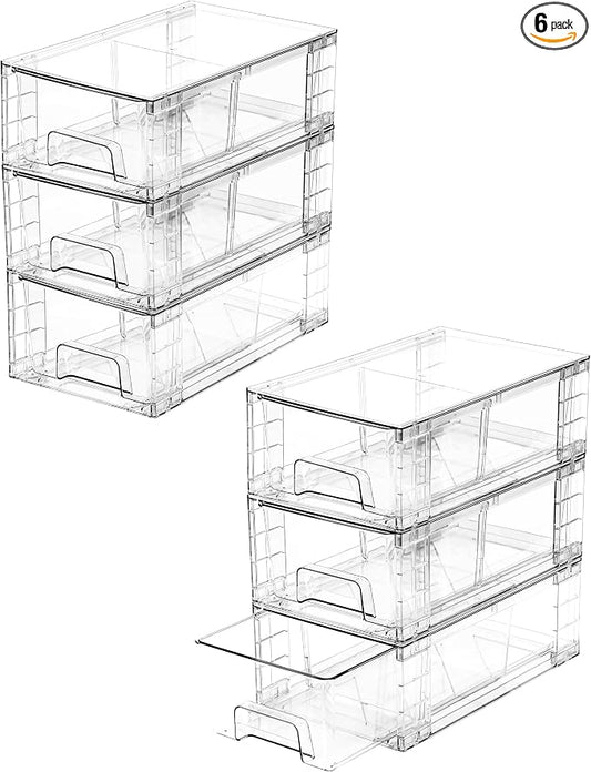 6 Pack Stackable Storage Drawers,Plastic Organizers Bins, Drawers Storage with Handles and Movable Dividers for Organization and Storage in Fridge,Bathroom, Pantry, Kitchen Cabinets, Under Sink by Unknown