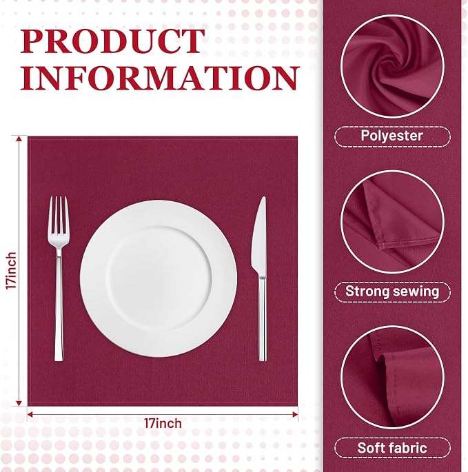 SuperO Set of 120 Cloth Napkins 17 x 17 Inch, Polyester Solid Washable Dinner Napkins with Hemmed Edges,Great for Restaurant, Wedding and Party(Burgundy) - Image 3