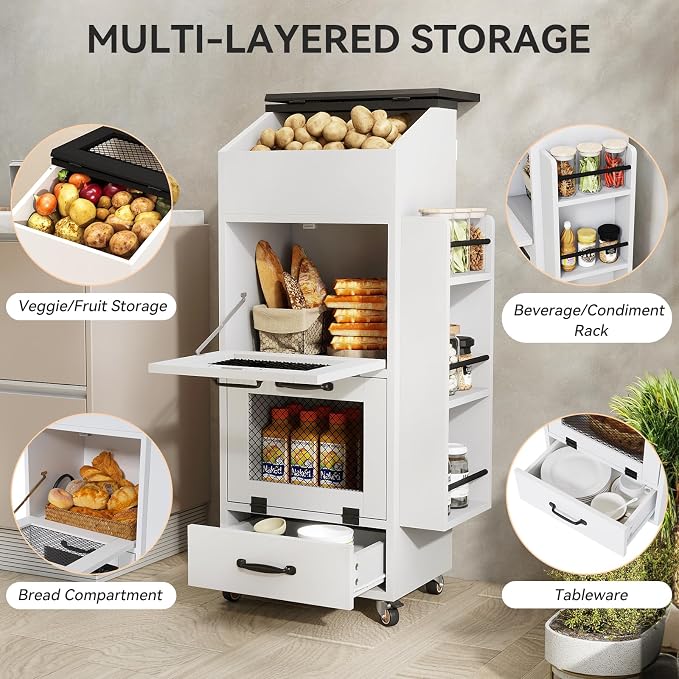 Verano Garden 16.0" Potato and Onion Storage Bin on Wheels, Bread Box | Fruit and Vegetable Organizer, Rolling, Side Rack, Flip-top, Mesh Doors, 4-Tier, Grocery Section, Ventilated, Wood, Kitchen - Image 3